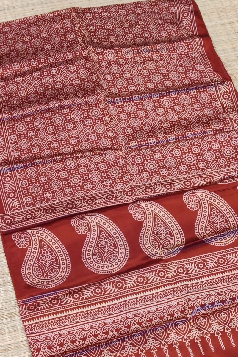 Dreamy Drapes - Maroon Modal Silk Floral Ajrakh Stole with Kairi Motifs & Polka Dots - Image 5
