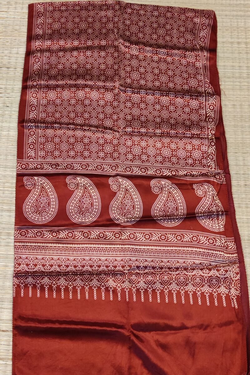 Dreamy Drapes - Maroon Modal Silk Floral Ajrakh Stole with Kairi Motifs & Polka Dots - Image 6