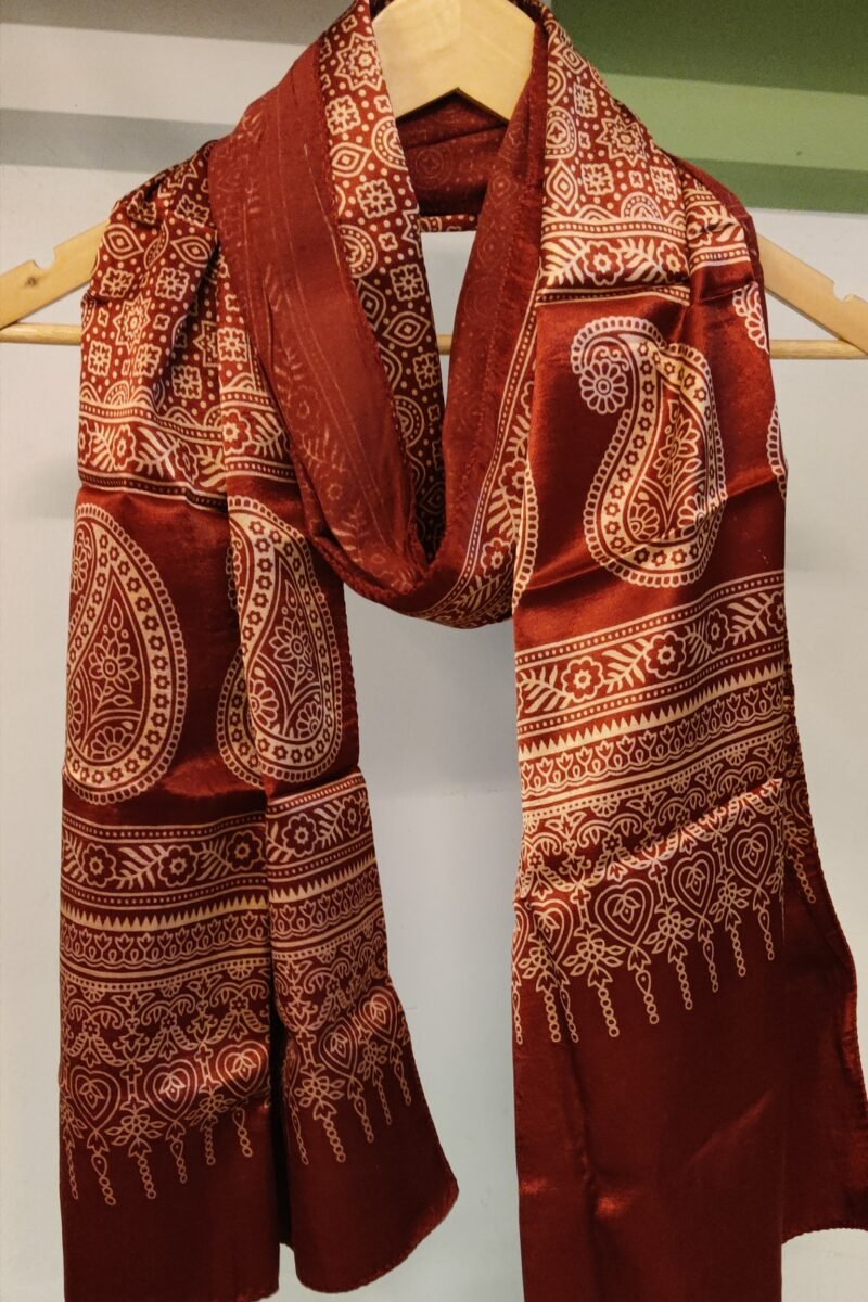 Dreamy Drapes - Maroon Modal Silk Floral Ajrakh Stole with Kairi Motifs & Polka Dots