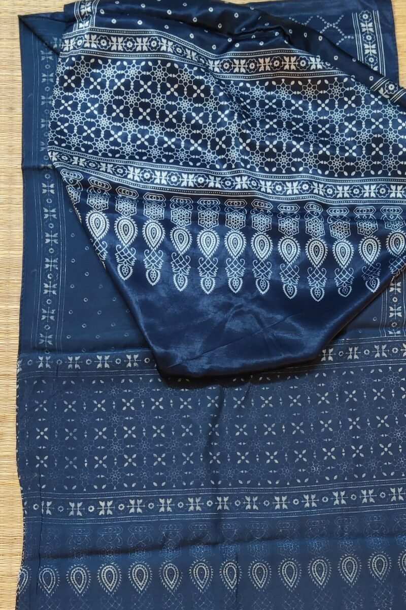 Dreamy Drapes - Indigo Blue Modal Silk Bandhani-Ajrakh Fusion Stole with Tulip Borders & Sunburst Motif - Image 2