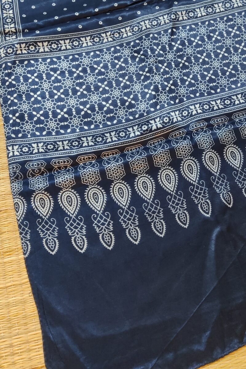Dreamy Drapes - Indigo Blue Modal Silk Bandhani-Ajrakh Fusion Stole with Tulip Borders & Sunburst Motif - Image 3