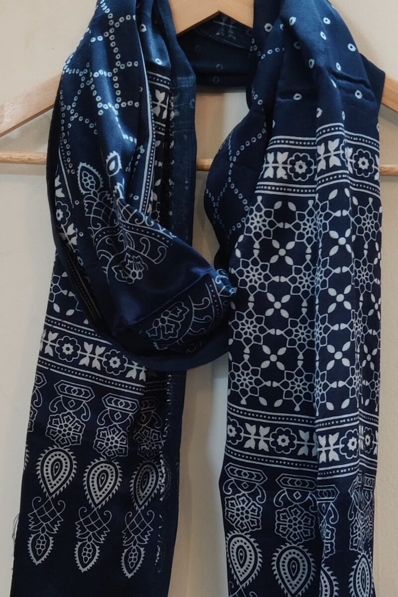 Dreamy Drapes - Indigo Blue Modal Silk Bandhani-Ajrakh Fusion Stole with Tulip Borders & Sunburst Motif - Image 4