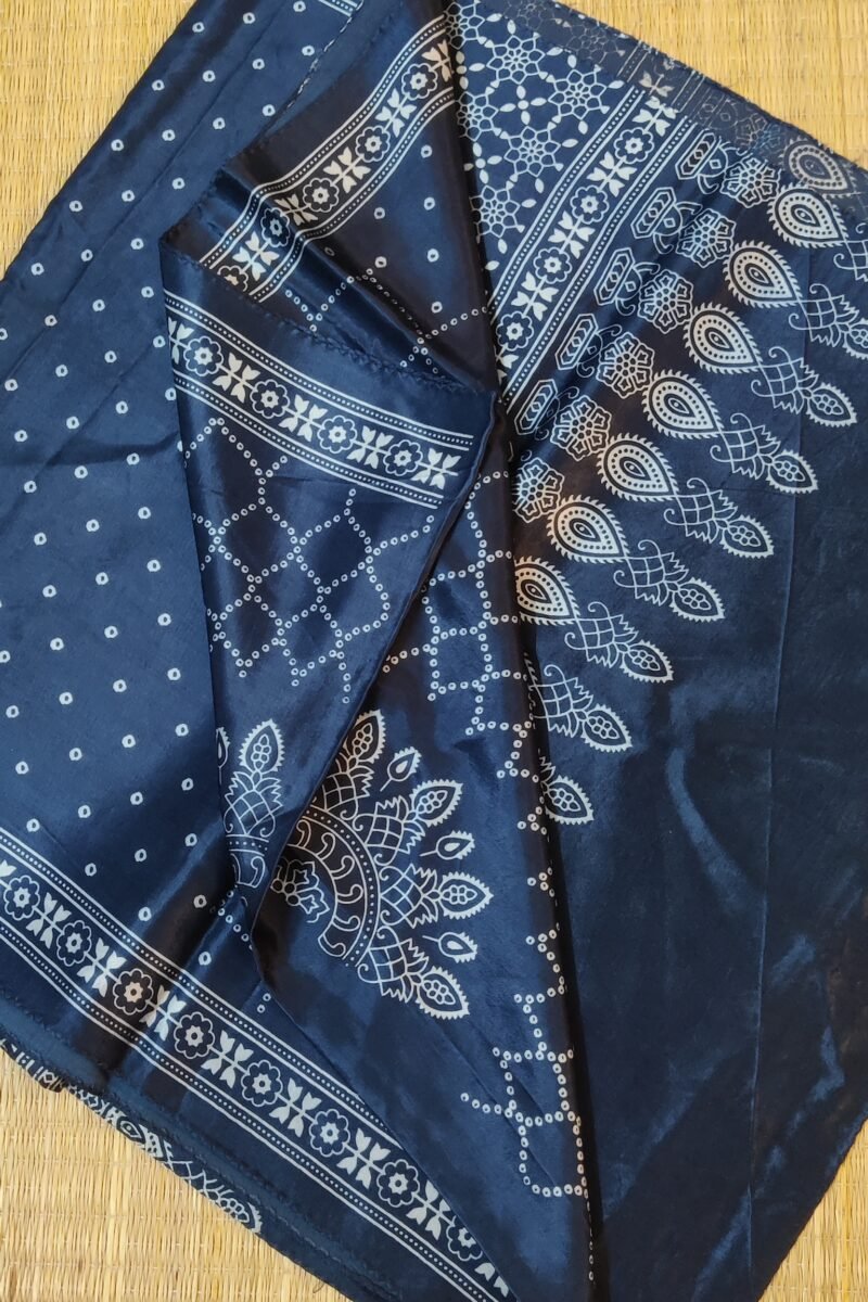 Dreamy Drapes - Indigo Blue Modal Silk Bandhani-Ajrakh Fusion Stole with Tulip Borders & Sunburst Motif - Image 7
