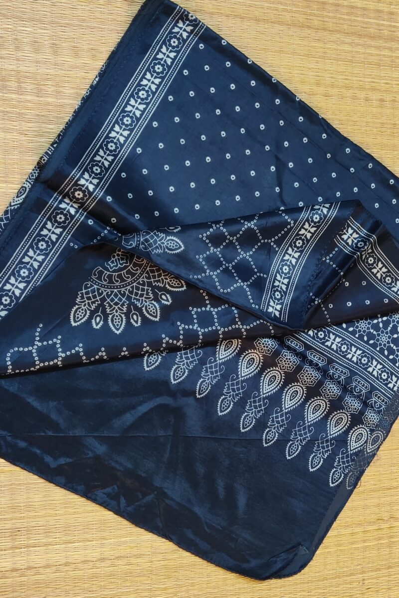 Dreamy Drapes - Indigo Blue Modal Silk Bandhani-Ajrakh Fusion Stole with Tulip Borders & Sunburst Motif - Image 8