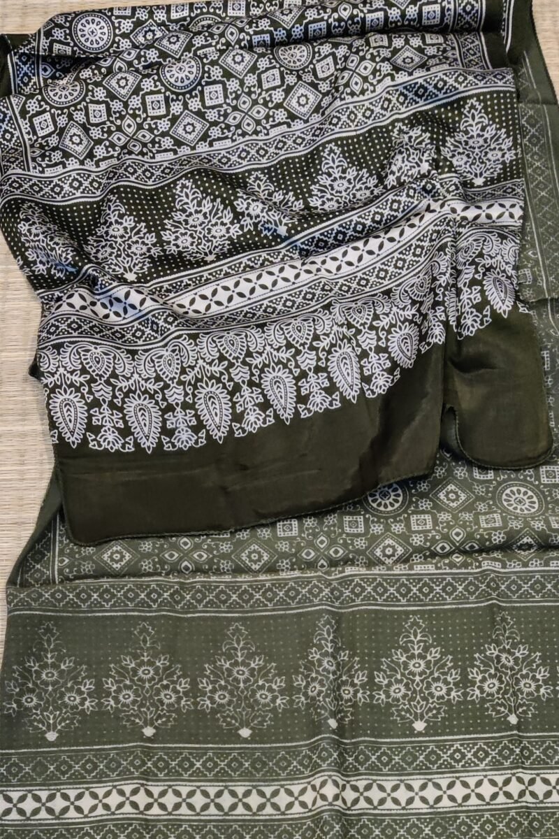 Dreamy Drapes - Olive Green Modal Silk Diamond Ajrakh Stole with Cluster Motifs & Polka Dots - Image 2