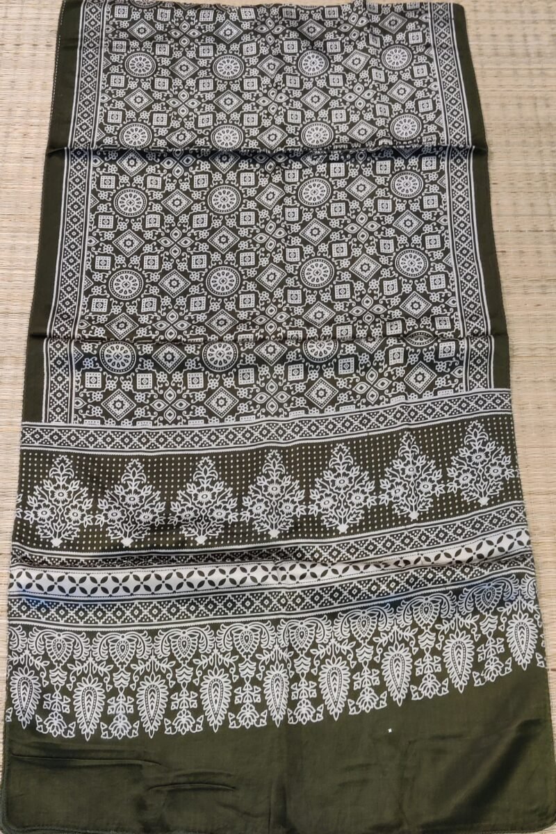 Dreamy Drapes - Olive Green Modal Silk Diamond Ajrakh Stole with Cluster Motifs & Polka Dots - Image 6