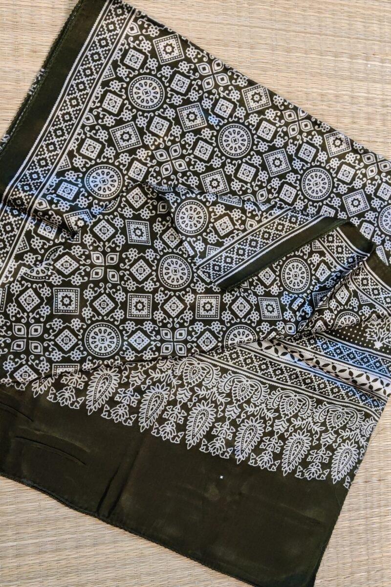 Dreamy Drapes - Olive Green Modal Silk Diamond Ajrakh Stole with Cluster Motifs & Polka Dots - Image 8