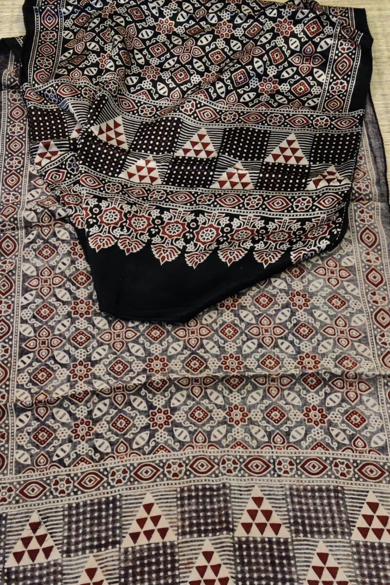 Dreamy Drapes - Black Modal Silk Floral Ajrakh Stole with Geometric Borders & Lotus Drop Motifs - Image 2