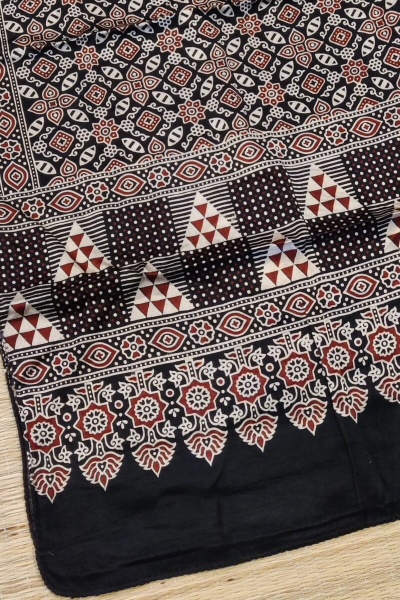 Dreamy Drapes - Black Modal Silk Floral Ajrakh Stole with Geometric Borders & Lotus Drop Motifs - Image 3