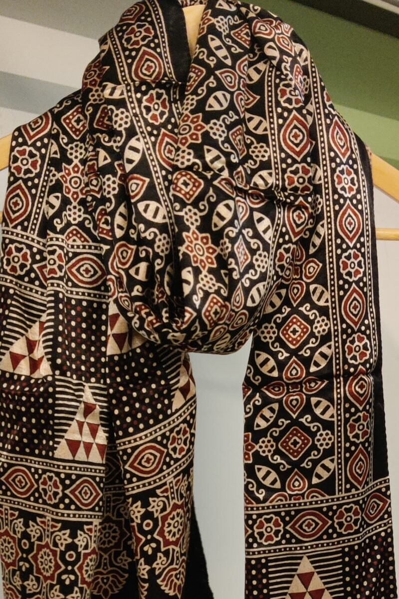 Dreamy Drapes - Black Modal Silk Floral Ajrakh Stole with Geometric Borders & Lotus Drop Motifs - Image 4