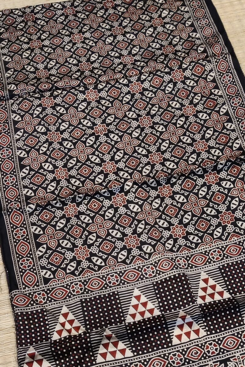 Dreamy Drapes - Black Modal Silk Floral Ajrakh Stole with Geometric Borders & Lotus Drop Motifs - Image 5
