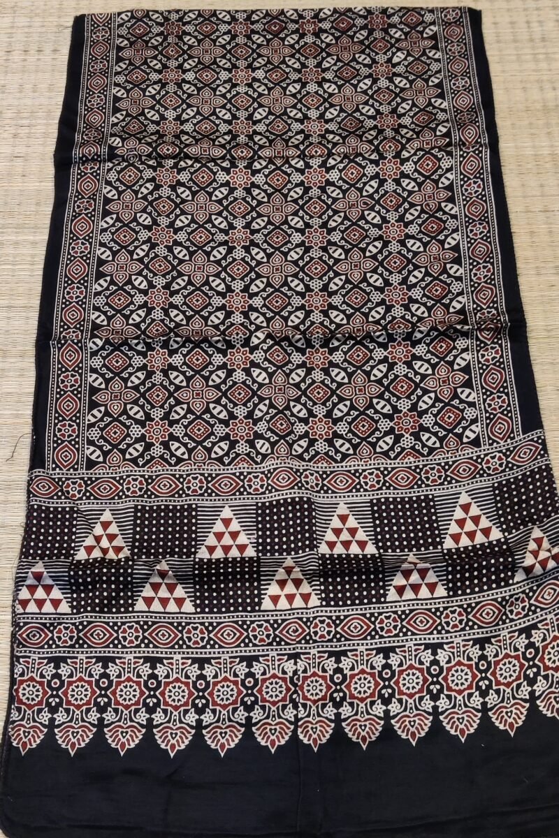 Dreamy Drapes - Black Modal Silk Floral Ajrakh Stole with Geometric Borders & Lotus Drop Motifs - Image 6