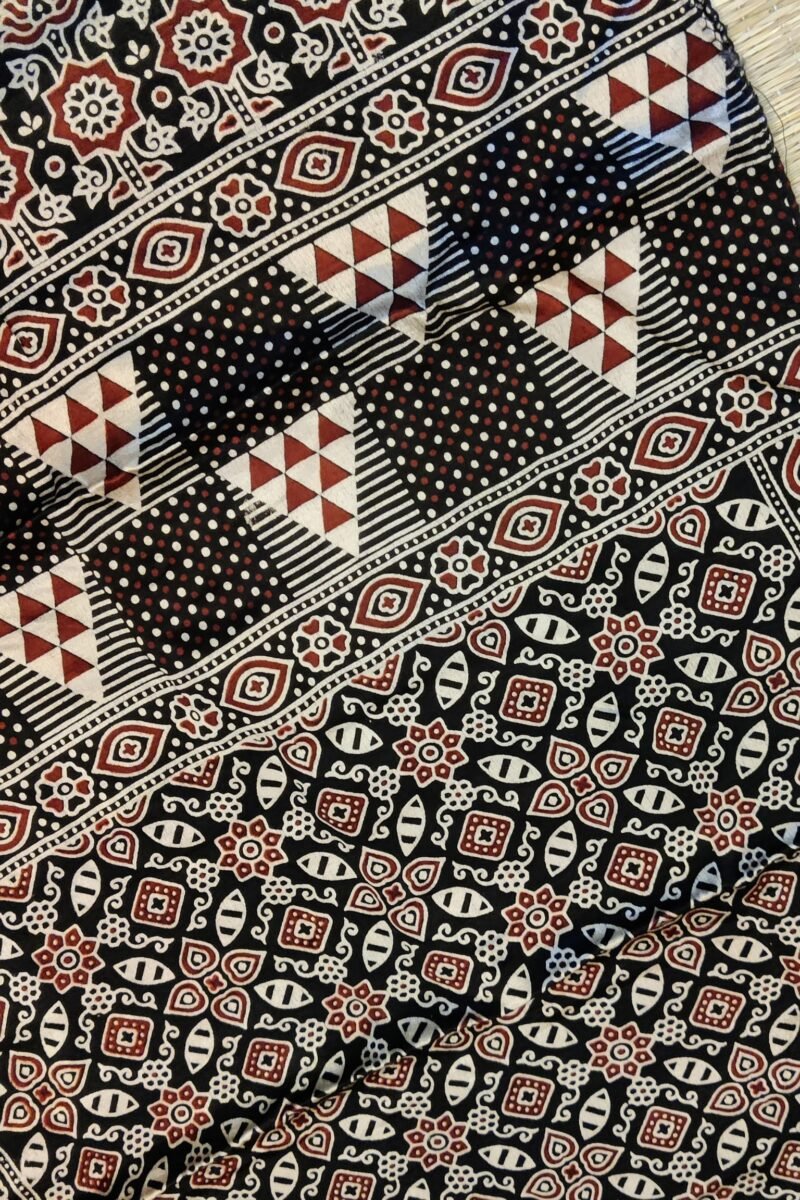 Dreamy Drapes - Black Modal Silk Floral Ajrakh Stole with Geometric Borders & Lotus Drop Motifs - Image 7