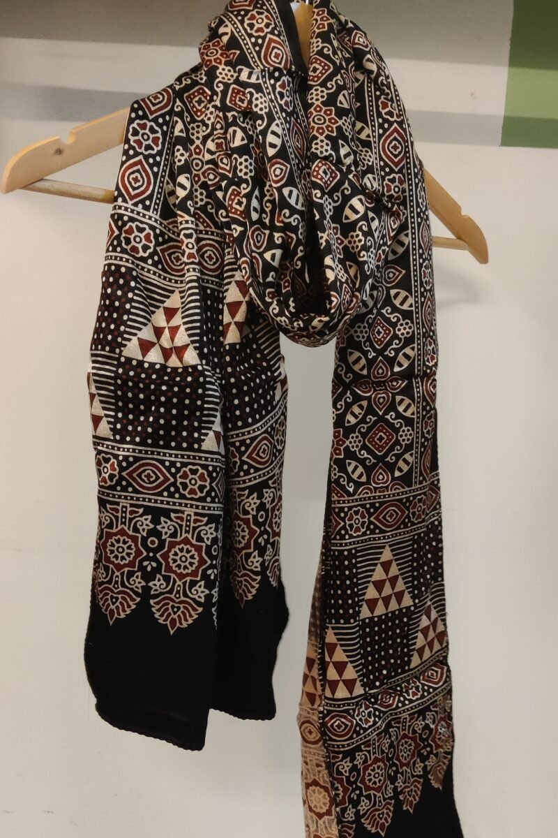 Dreamy Drapes - Black Modal Silk Floral Ajrakh Stole with Geometric Borders & Lotus Drop Motifs