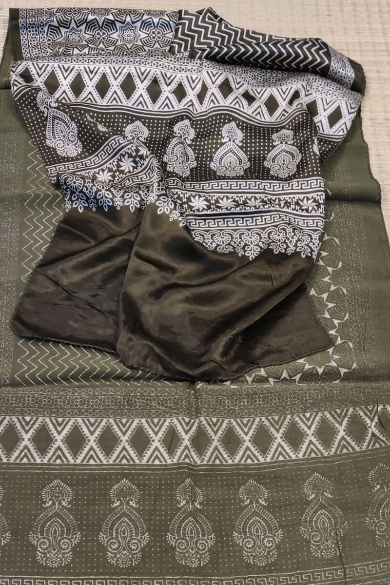 Dreamy Drapes - Olive Green Ajrakh Stole with Zigzag & Floral Motifs and Diamond Borders - Image 2