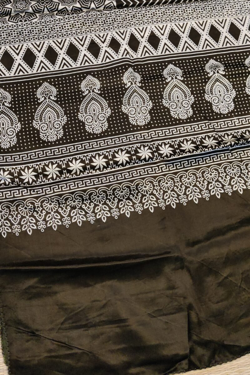 Dreamy Drapes - Olive Green Ajrakh Stole with Zigzag & Floral Motifs and Diamond Borders - Image 3