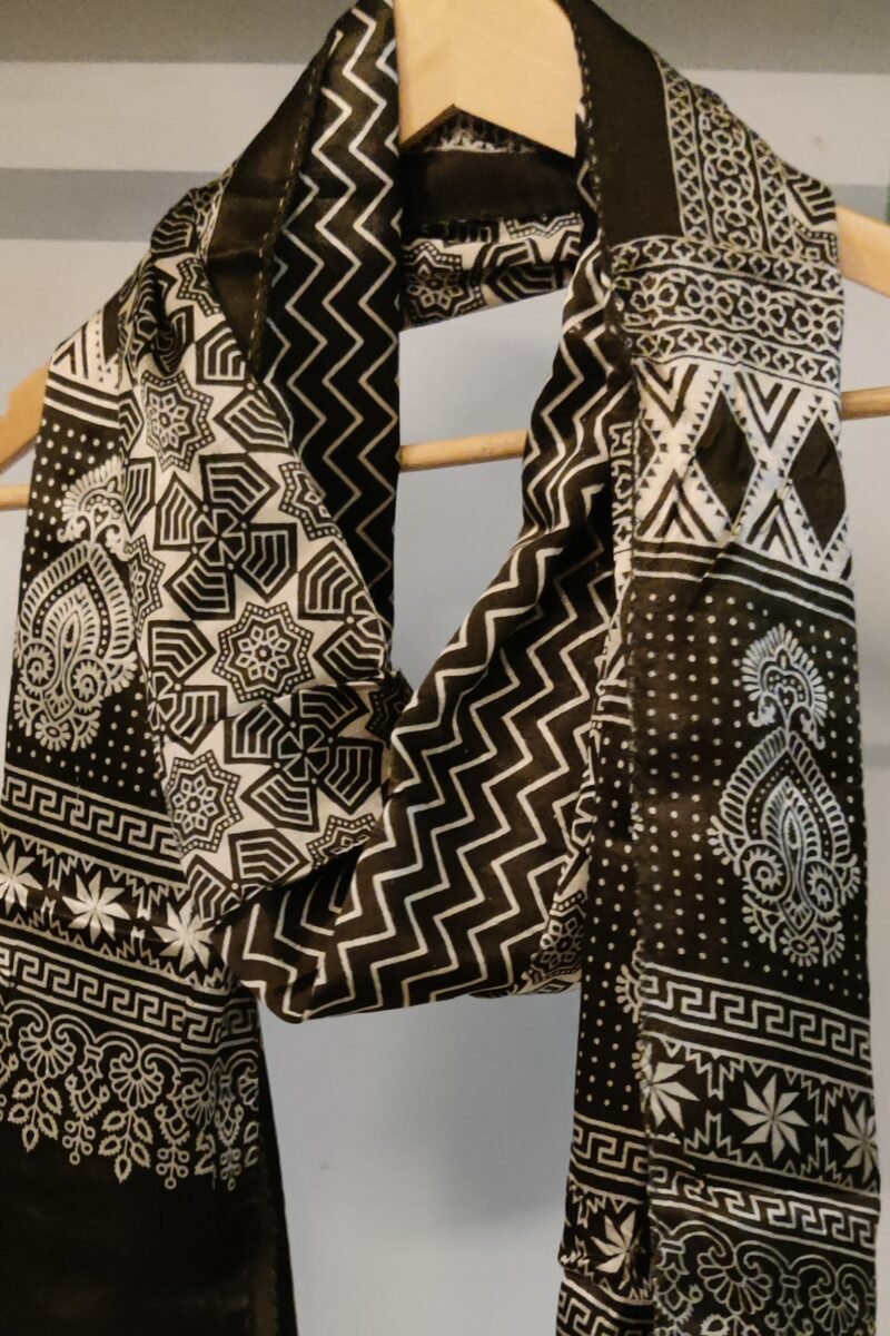 Dreamy Drapes - Olive Green Ajrakh Stole with Zigzag & Floral Motifs and Diamond Borders - Image 4