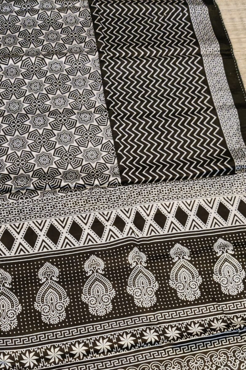 Dreamy Drapes - Olive Green Ajrakh Stole with Zigzag & Floral Motifs and Diamond Borders - Image 5