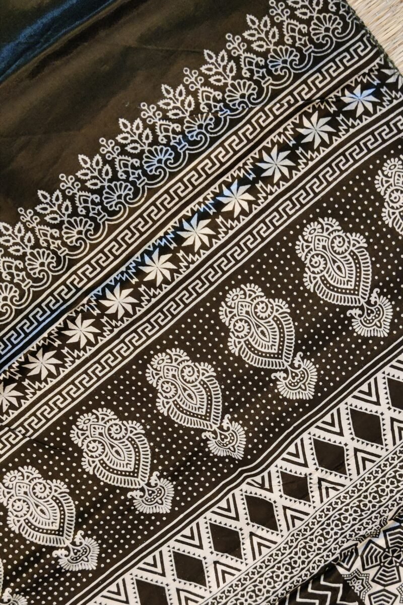 Dreamy Drapes - Olive Green Ajrakh Stole with Zigzag & Floral Motifs and Diamond Borders - Image 6