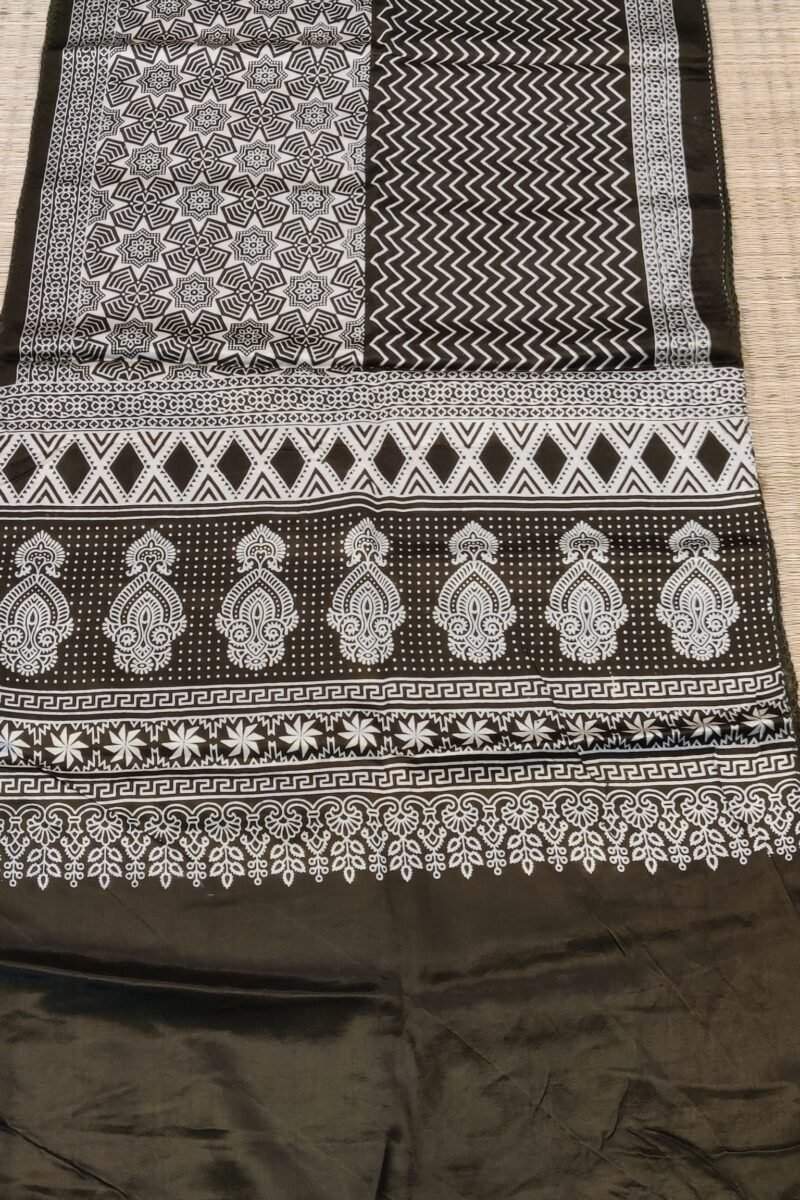 Dreamy Drapes - Olive Green Ajrakh Stole with Zigzag & Floral Motifs and Diamond Borders - Image 7