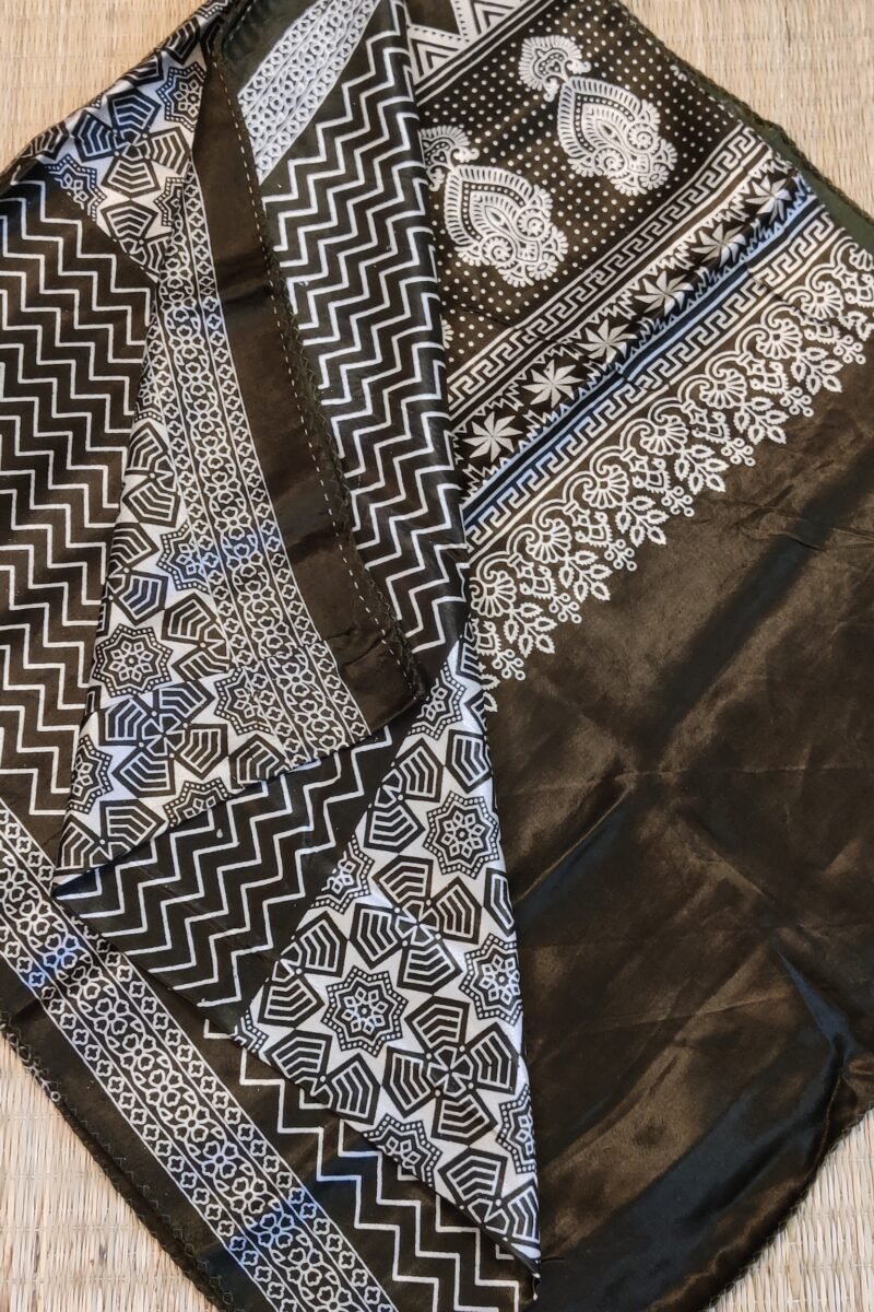 Dreamy Drapes - Olive Green Ajrakh Stole with Zigzag & Floral Motifs and Diamond Borders - Image 8