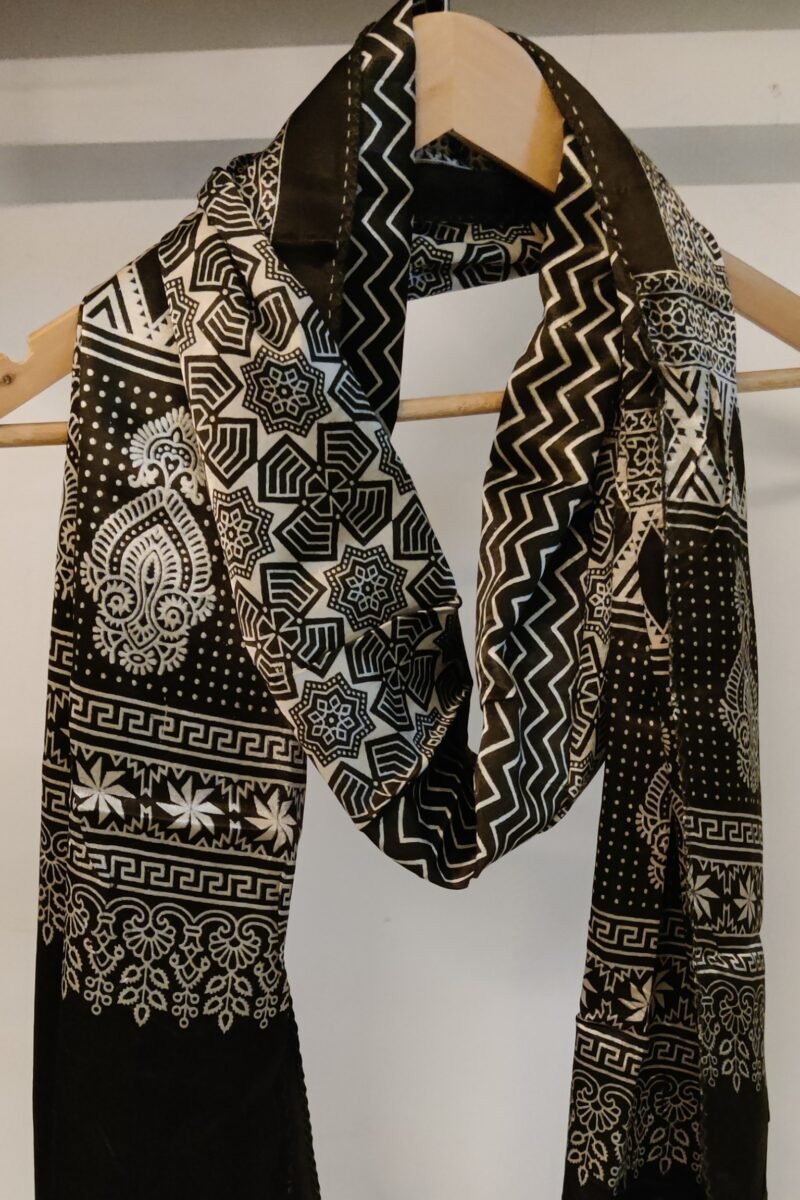 Dreamy Drapes - Olive Green Ajrakh Stole with Zigzag & Floral Motifs and Diamond Borders