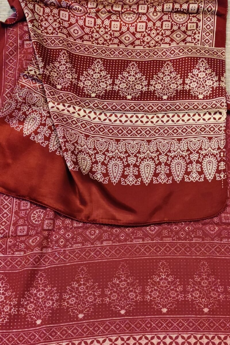 Dreamy Drapes - Maroon Modal Silk Ajrakh Stole with Geometric Motifs & Triple-Flower Borders - Image 2