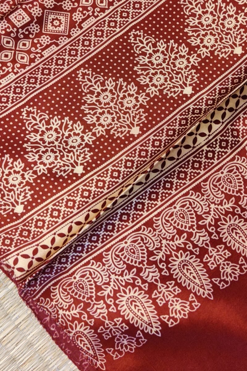 Dreamy Drapes - Maroon Modal Silk Ajrakh Stole with Geometric Motifs & Triple-Flower Borders - Image 3