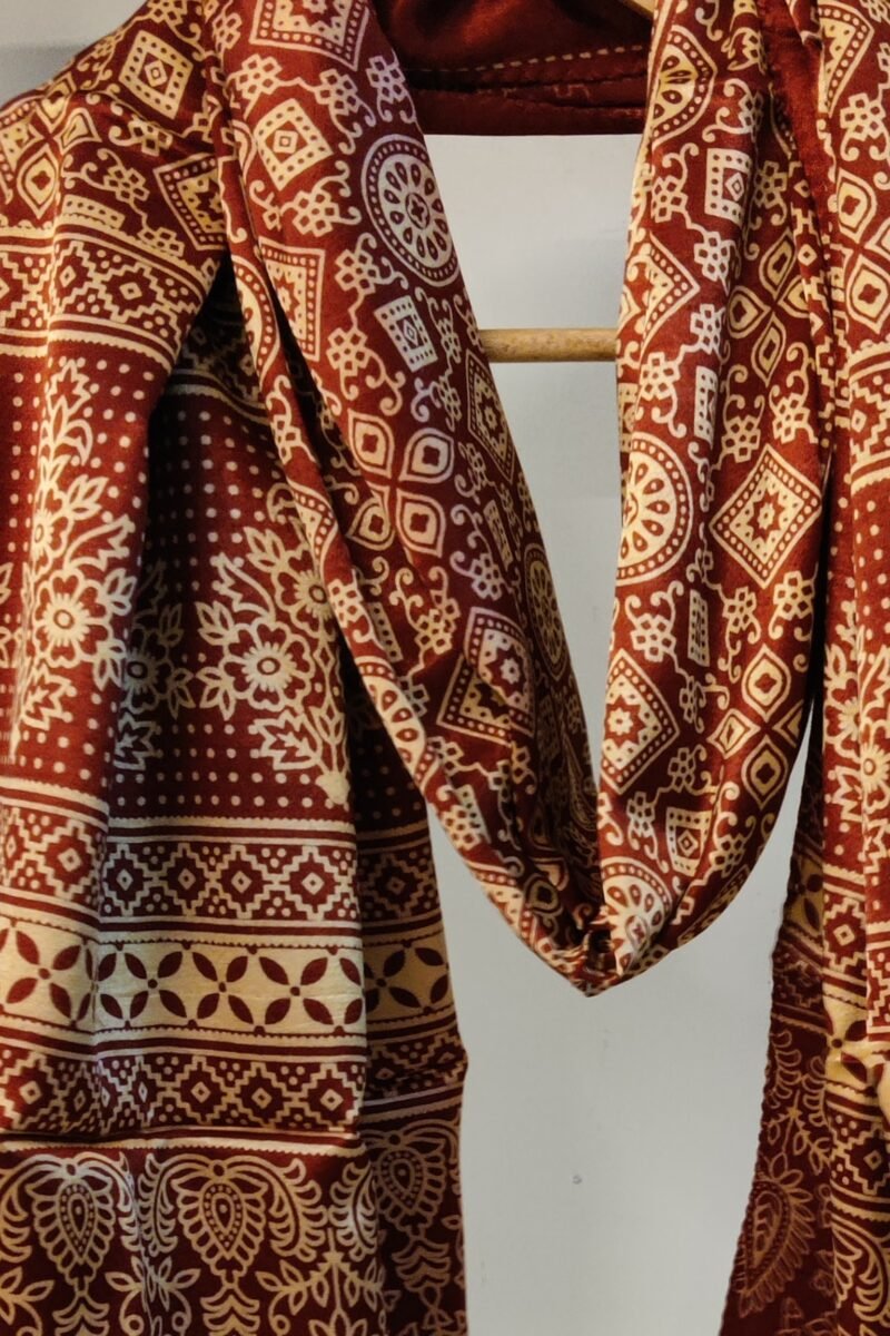 Dreamy Drapes - Maroon Modal Silk Ajrakh Stole with Geometric Motifs & Triple-Flower Borders - Image 4