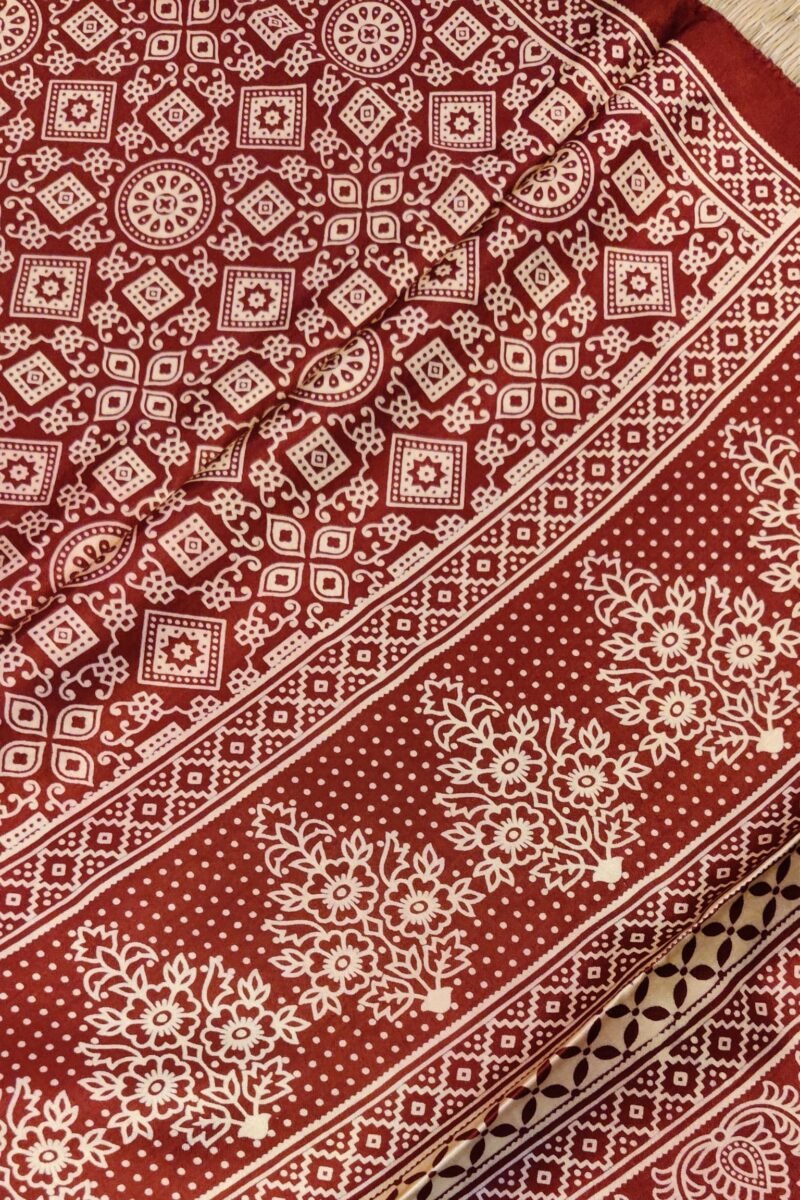 Dreamy Drapes - Maroon Modal Silk Ajrakh Stole with Geometric Motifs & Triple-Flower Borders - Image 5