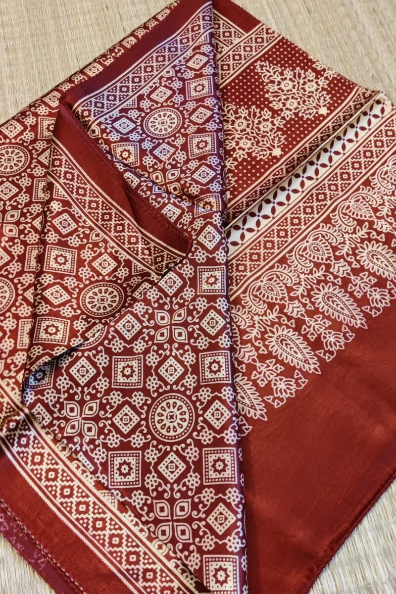 Dreamy Drapes - Maroon Modal Silk Ajrakh Stole with Geometric Motifs & Triple-Flower Borders - Image 7