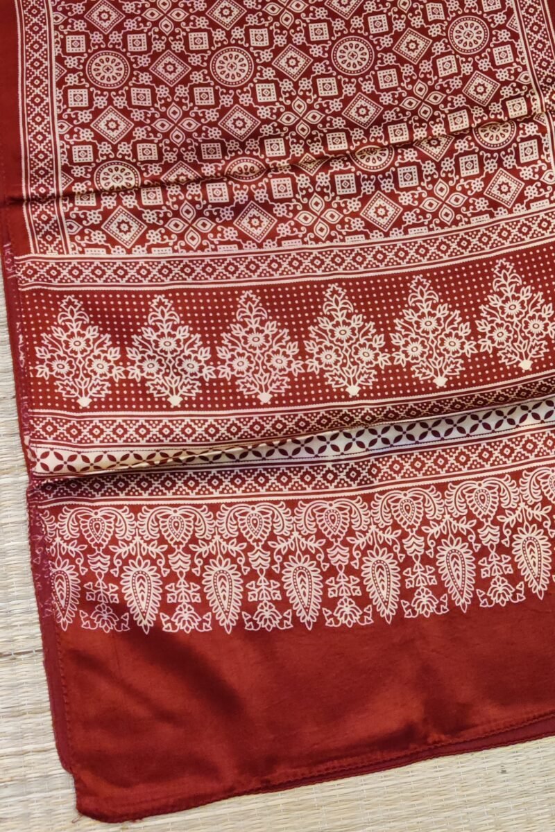 Dreamy Drapes - Maroon Modal Silk Ajrakh Stole with Geometric Motifs & Triple-Flower Borders - Image 8