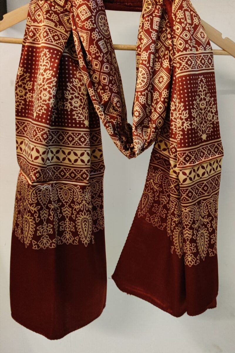Dreamy Drapes - Maroon Modal Silk Ajrakh Stole with Geometric Motifs & Triple-Flower Borders