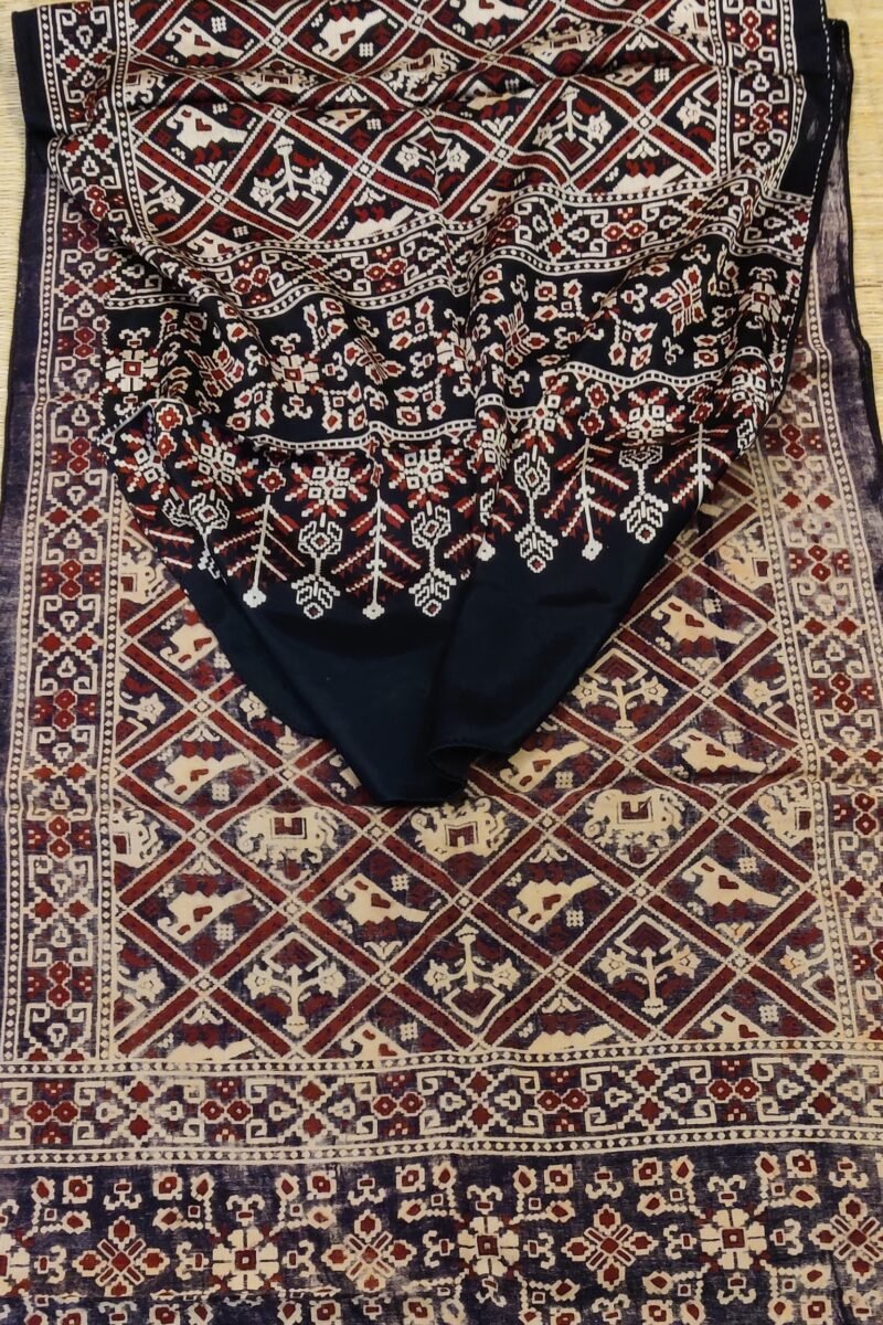 Dreamy Drapes - Black Modal Silk Ajrakh Stole with Elephant & Bird Motifs and Diamond Grid - Image 2