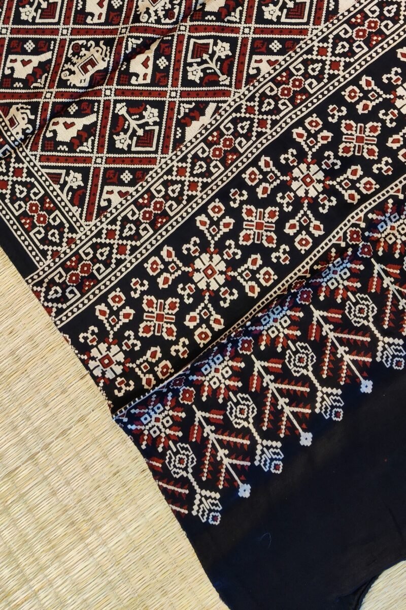 Dreamy Drapes - Black Modal Silk Ajrakh Stole with Elephant & Bird Motifs and Diamond Grid - Image 3