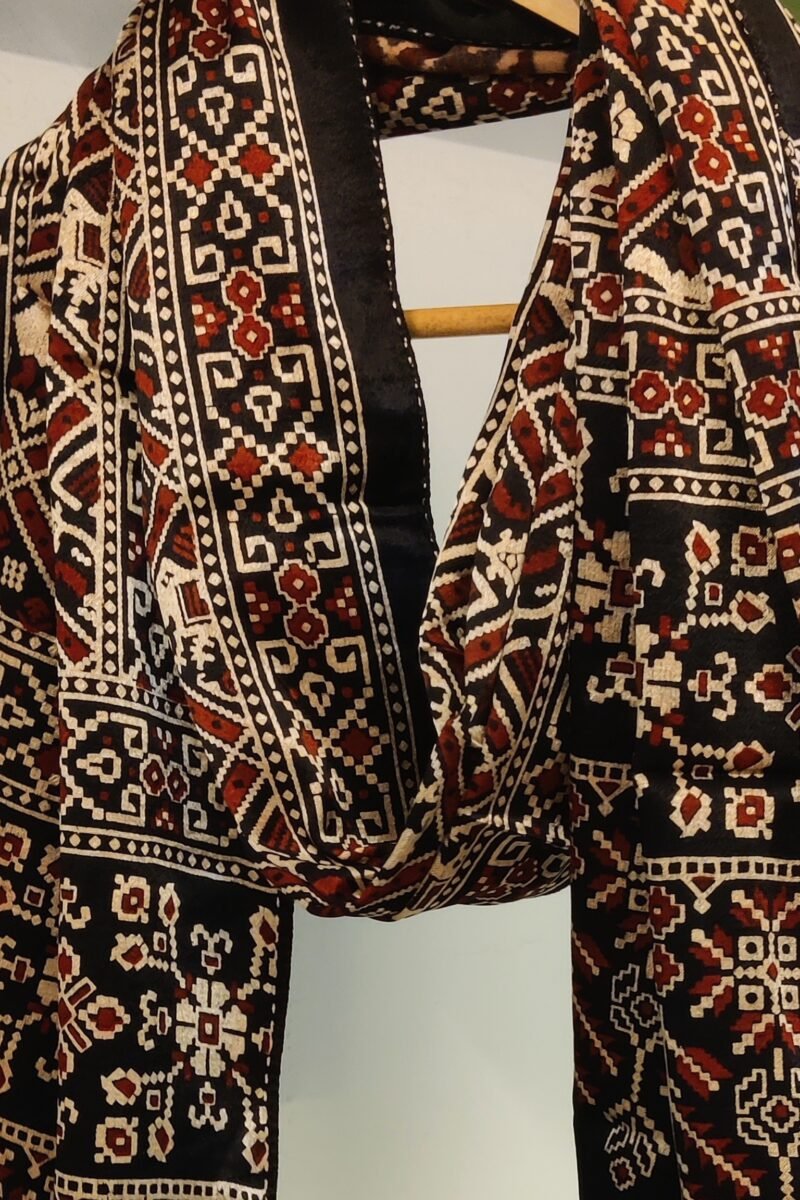 Dreamy Drapes - Black Modal Silk Ajrakh Stole with Elephant & Bird Motifs and Diamond Grid - Image 4