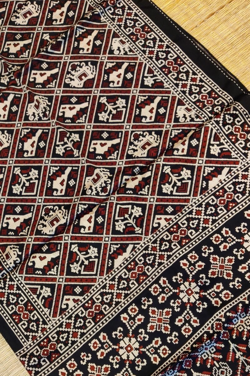 Dreamy Drapes - Black Modal Silk Ajrakh Stole with Elephant & Bird Motifs and Diamond Grid - Image 5