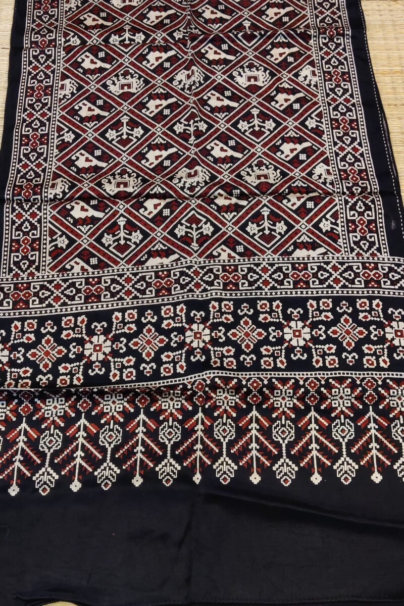 Dreamy Drapes - Black Modal Silk Ajrakh Stole with Elephant & Bird Motifs and Diamond Grid - Image 6