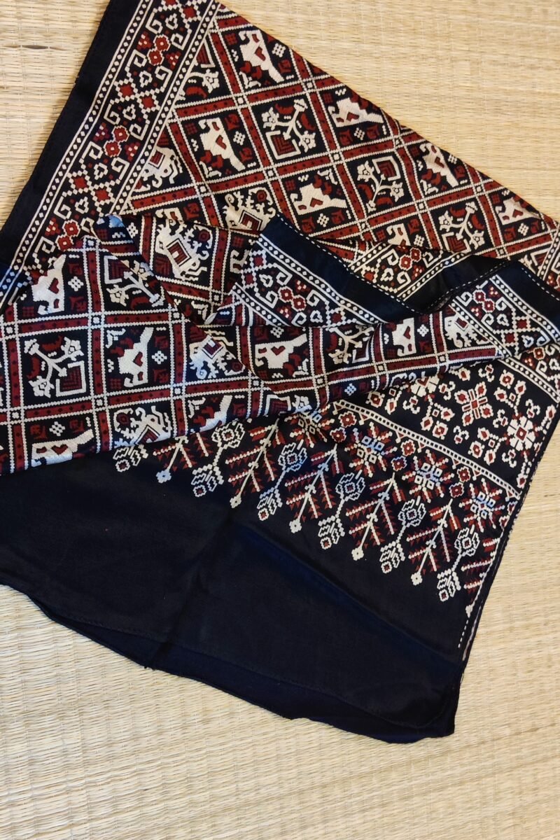 Dreamy Drapes - Black Modal Silk Ajrakh Stole with Elephant & Bird Motifs and Diamond Grid - Image 7