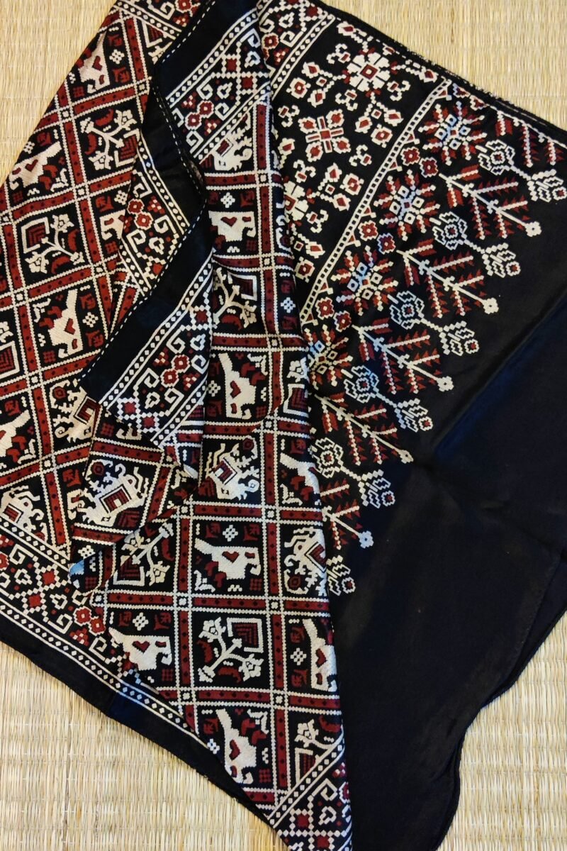 Dreamy Drapes - Black Modal Silk Ajrakh Stole with Elephant & Bird Motifs and Diamond Grid - Image 8