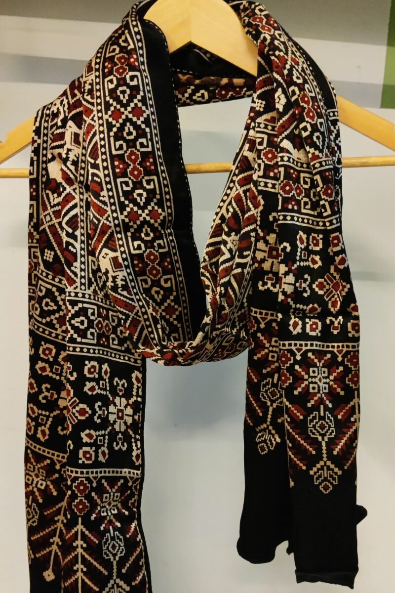 Dreamy Drapes - Black Modal Silk Ajrakh Stole with Elephant & Bird Motifs and Diamond Grid
