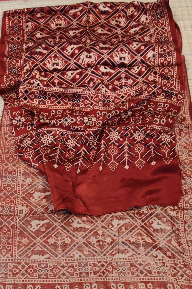 Dreamy Drapes - Maroon Modal Silk Ajrakh Stole with Elephant & Bird Motifs & Diamond Grid - Image 2
