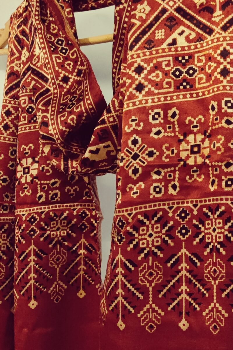 Dreamy Drapes - Maroon Modal Silk Ajrakh Stole with Elephant & Bird Motifs & Diamond Grid - Image 4