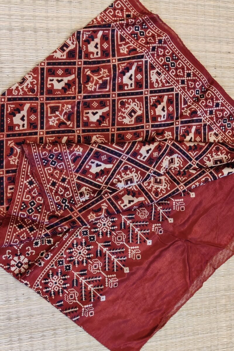 Dreamy Drapes - Maroon Modal Silk Ajrakh Stole with Elephant & Bird Motifs & Diamond Grid - Image 7