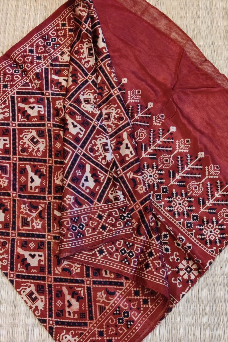 Dreamy Drapes - Maroon Modal Silk Ajrakh Stole with Elephant & Bird Motifs & Diamond Grid - Image 8