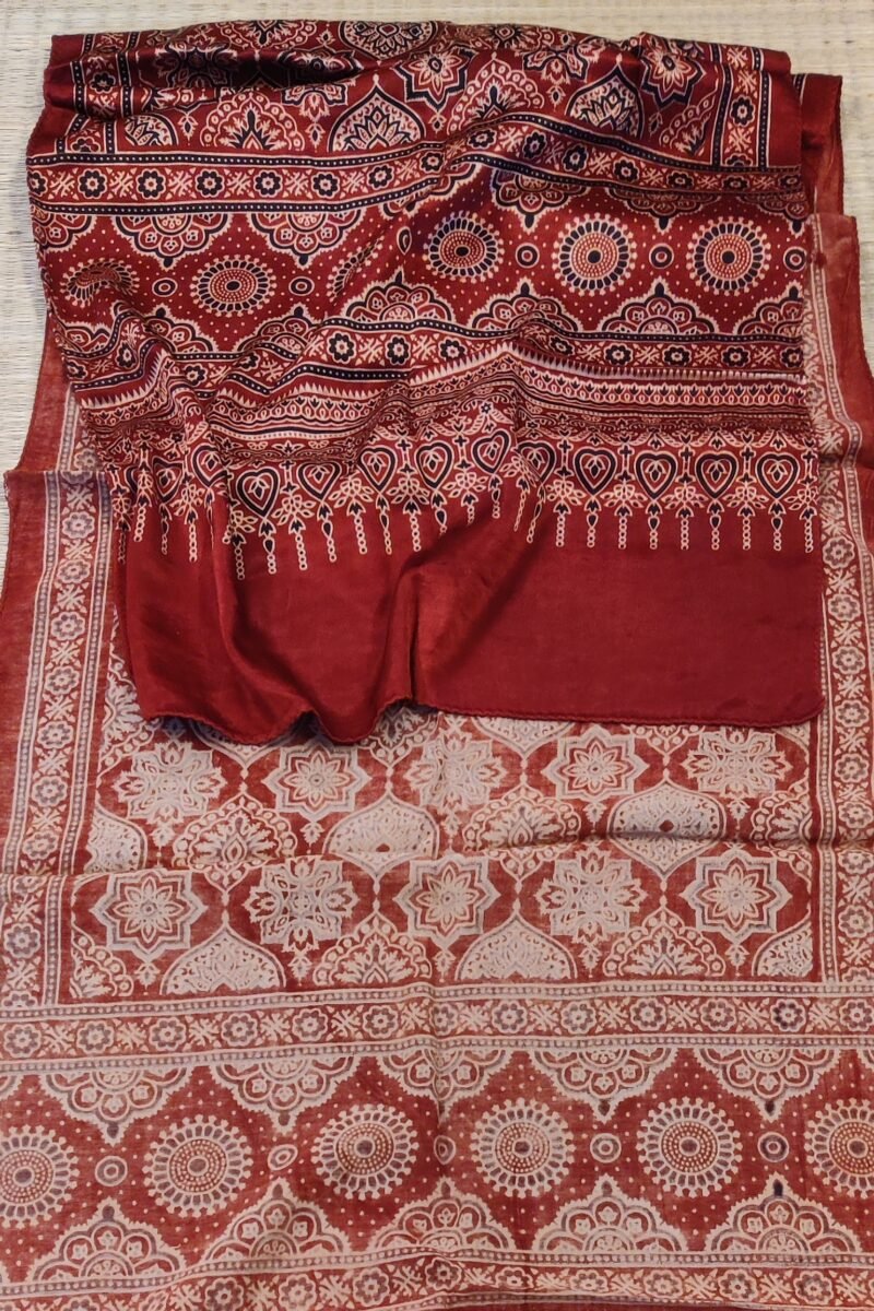 Dreamy Drapes - Maroon Modal Silk Ajrakh Stole with Floral Motifs in Ornamental Outlines - Image 2