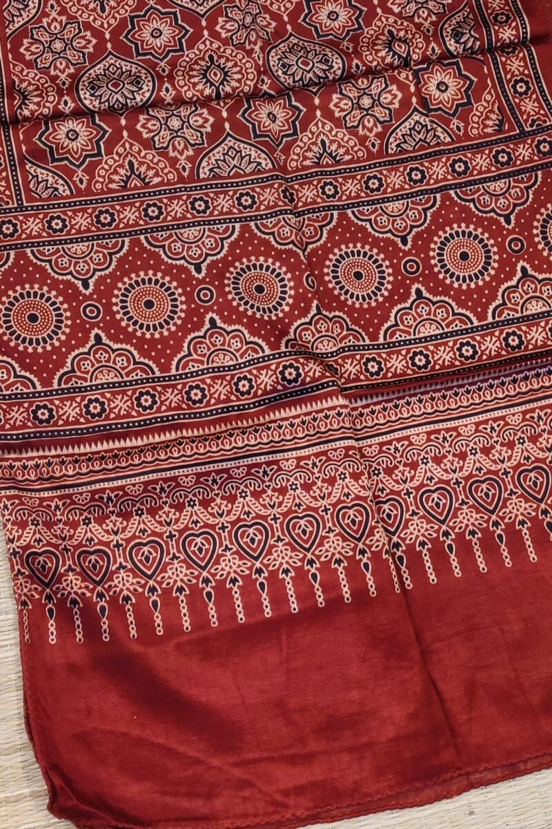 Dreamy Drapes - Maroon Modal Silk Ajrakh Stole with Floral Motifs in Ornamental Outlines - Image 3