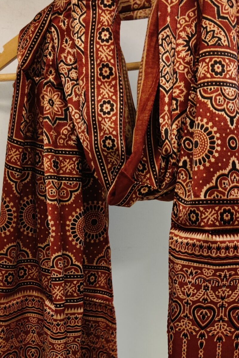 Dreamy Drapes - Maroon Modal Silk Ajrakh Stole with Floral Motifs in Ornamental Outlines - Image 4