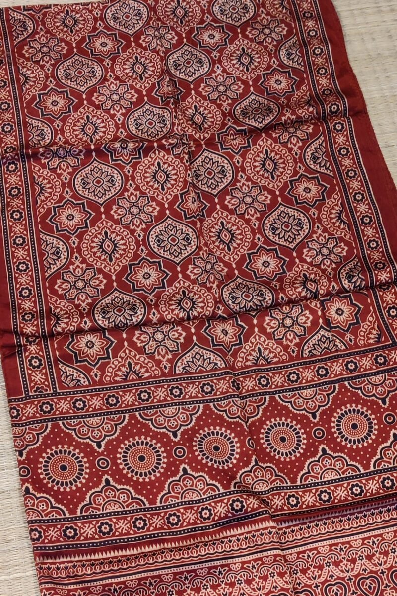 Dreamy Drapes - Maroon Modal Silk Ajrakh Stole with Floral Motifs in Ornamental Outlines - Image 5