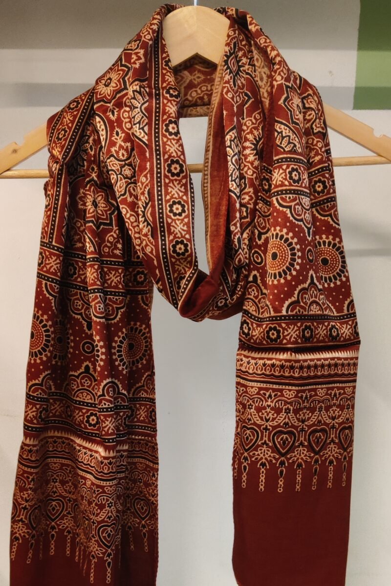 Dreamy Drapes - Maroon Modal Silk Ajrakh Stole with Floral Motifs in Ornamental Outlines